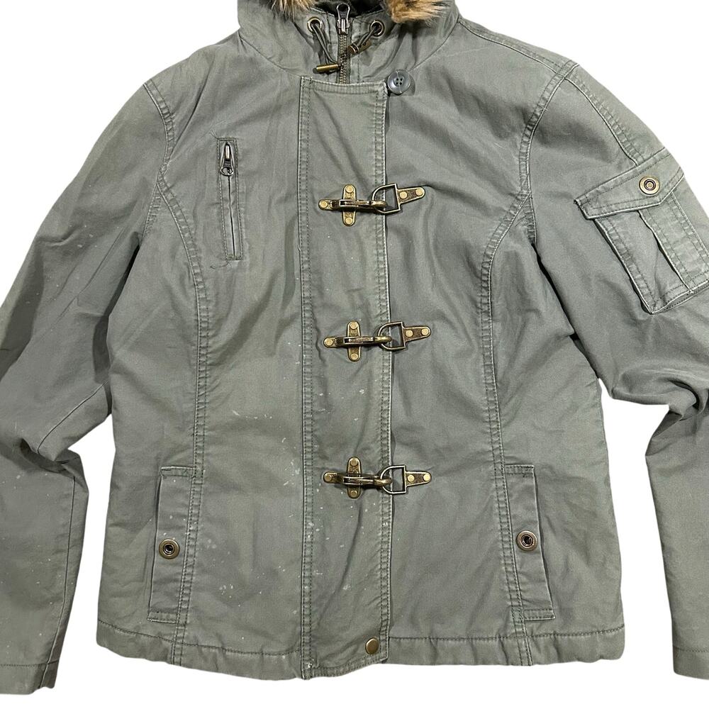 Vintage Y2K Old Navy Faux Fur Hood Jacket Womens Medium Metal Clasps Military - Picture 2 of 6